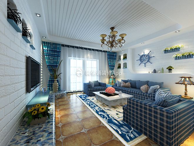 2023地中海风格94平三居室客厅沙发装修效果图