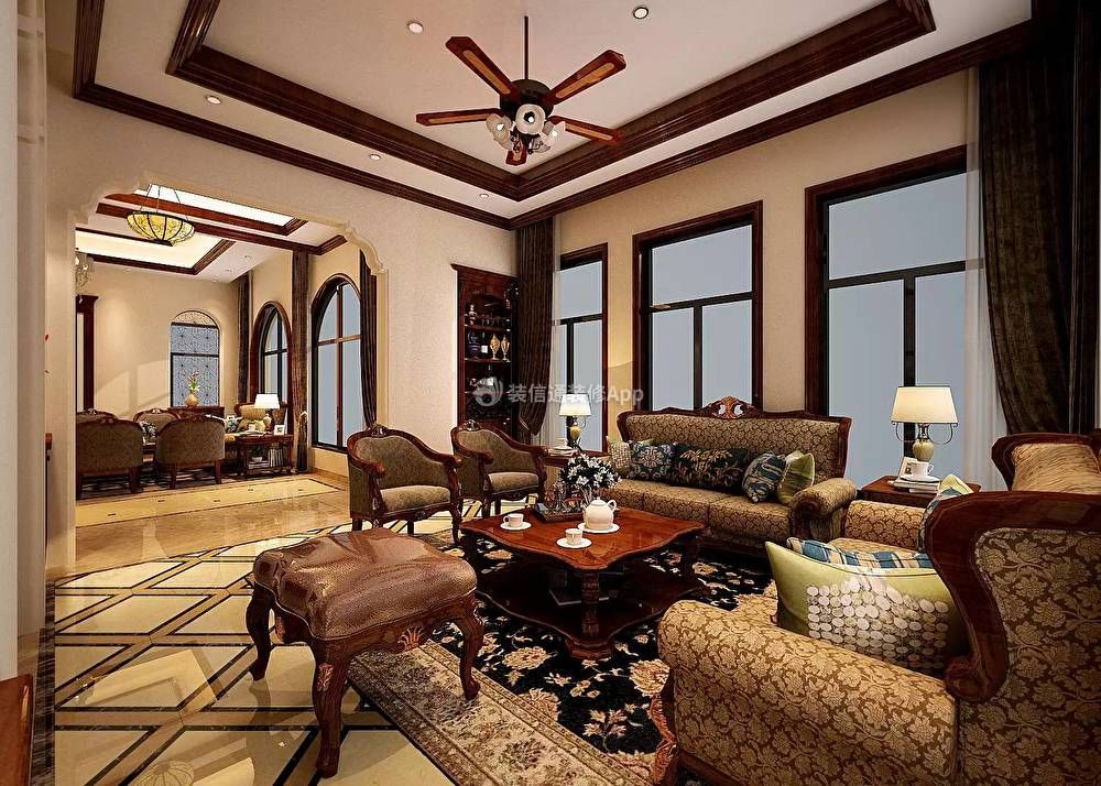 经典美式风格256平米别墅客厅家具装修设计图