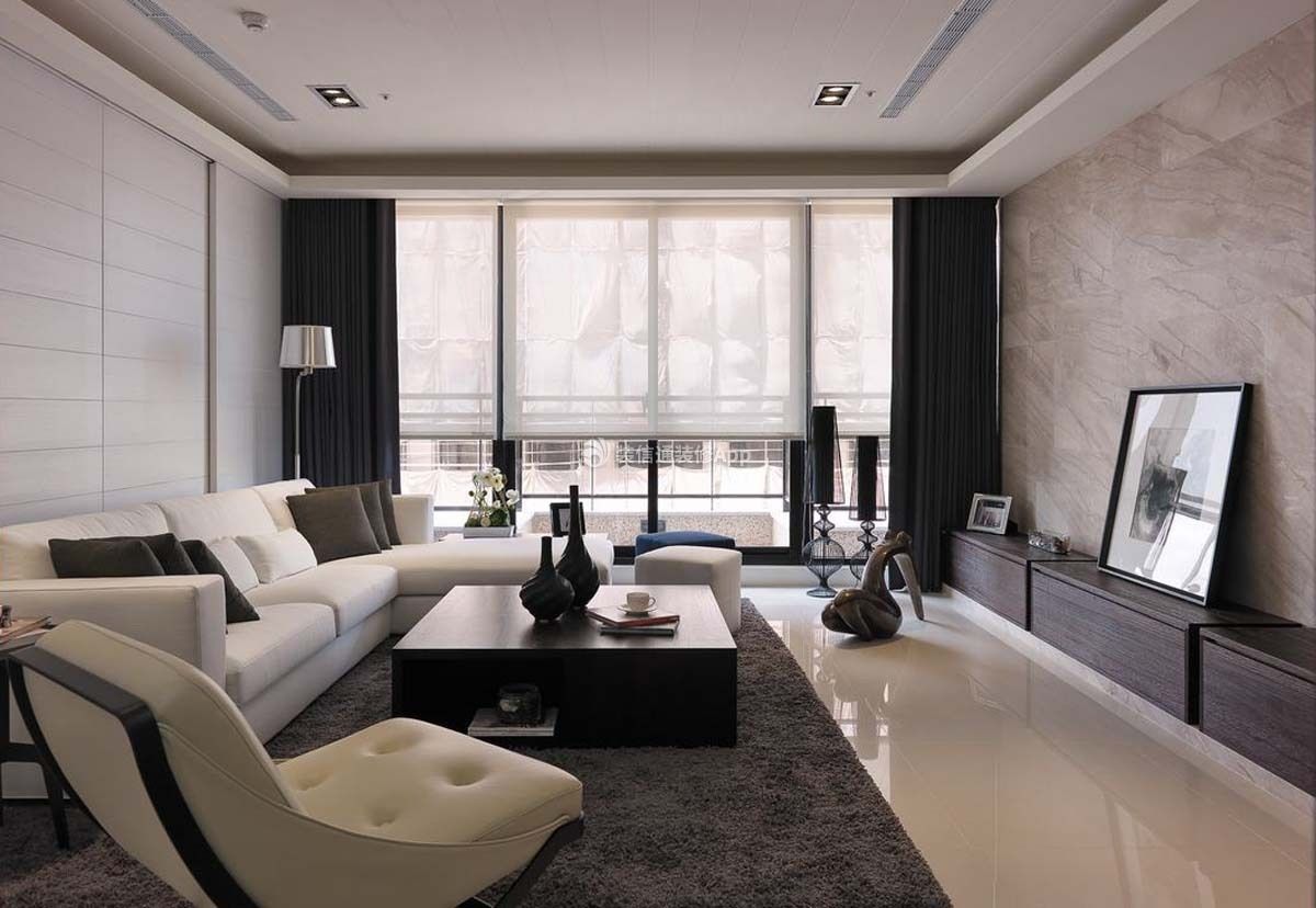 2022现代简约89平米三居室客厅沙发摆放装修设计图