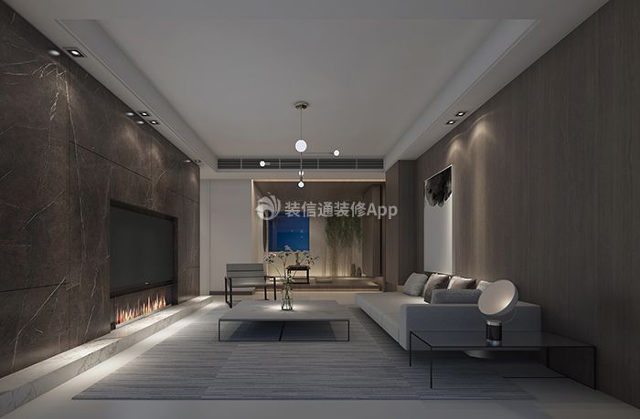 四居160平现代风格客厅电视背景墙壁炉设计效果