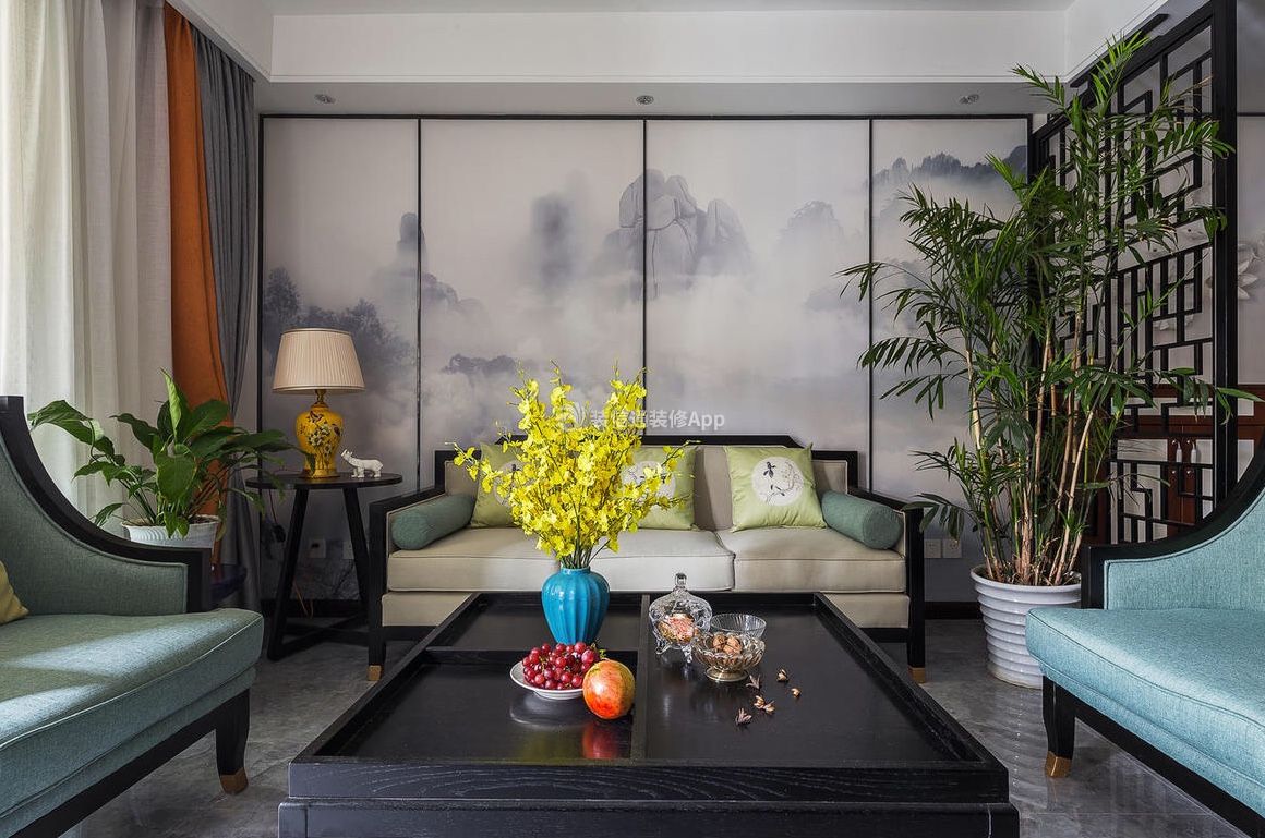 新中式风格108平米三居室客厅背景墙设计图片
