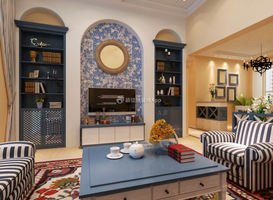 蓝色地中海风格128平米三居室客厅电视墙设计图片