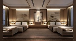 新中式风格420平别墅卧室双床背景墙设计图片