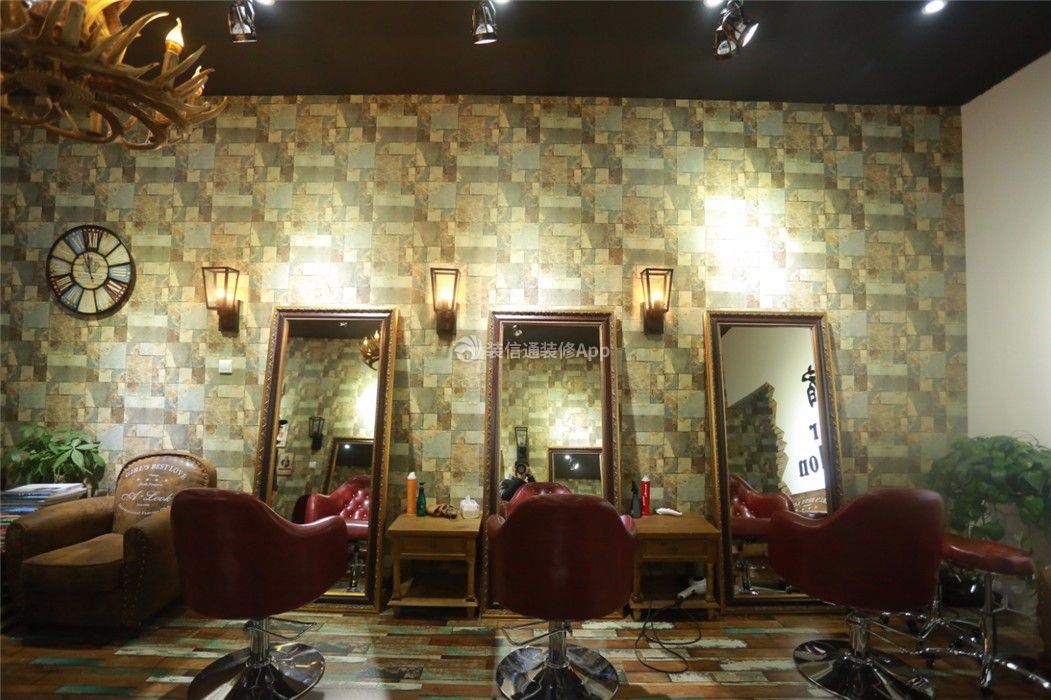 50平美式风格理发店背景墙装修设计效果图