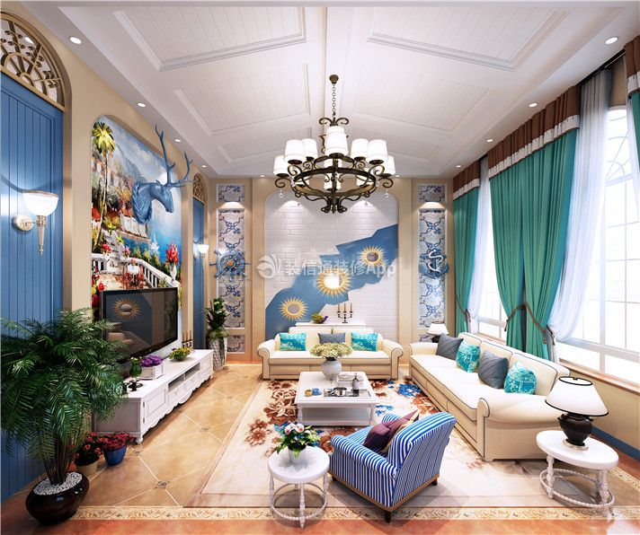 500平地中海风格独栋别墅客厅石膏线设计图片