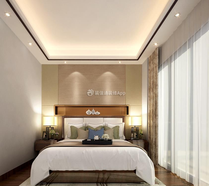 现代中式风格三居116平卧室床头背景墙效果图片