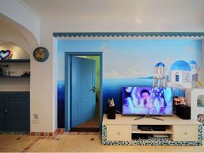 地中海风格123平米家居客厅电视背景墙壁画效果图