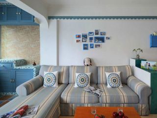 地中海风格123平米三居室客厅布艺沙发装饰图片