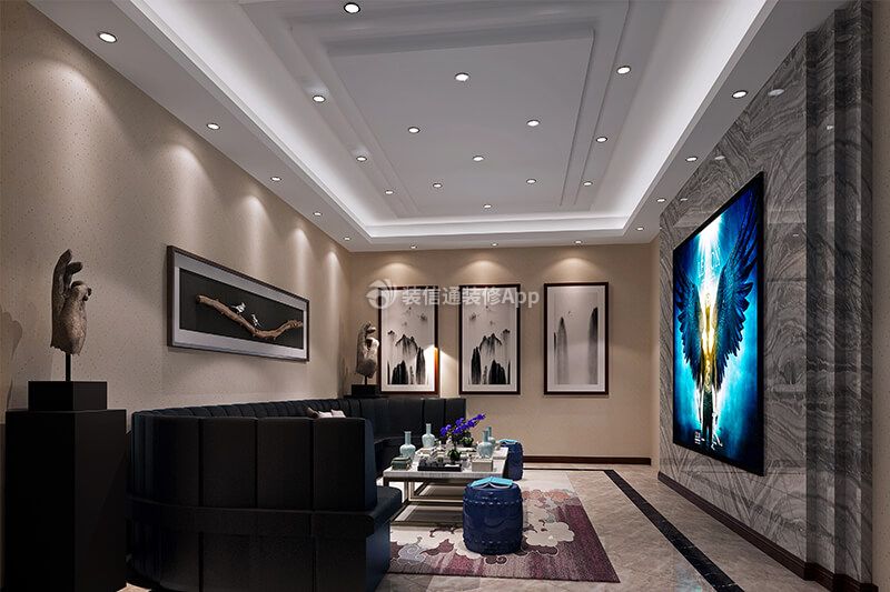 现代中式120平米三室两厅客厅电视墙设计图片