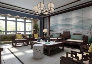 中式风格190㎡四居室客厅背景墙装修案例