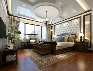 中式风格160平米三居室卧室床头装修效果图
