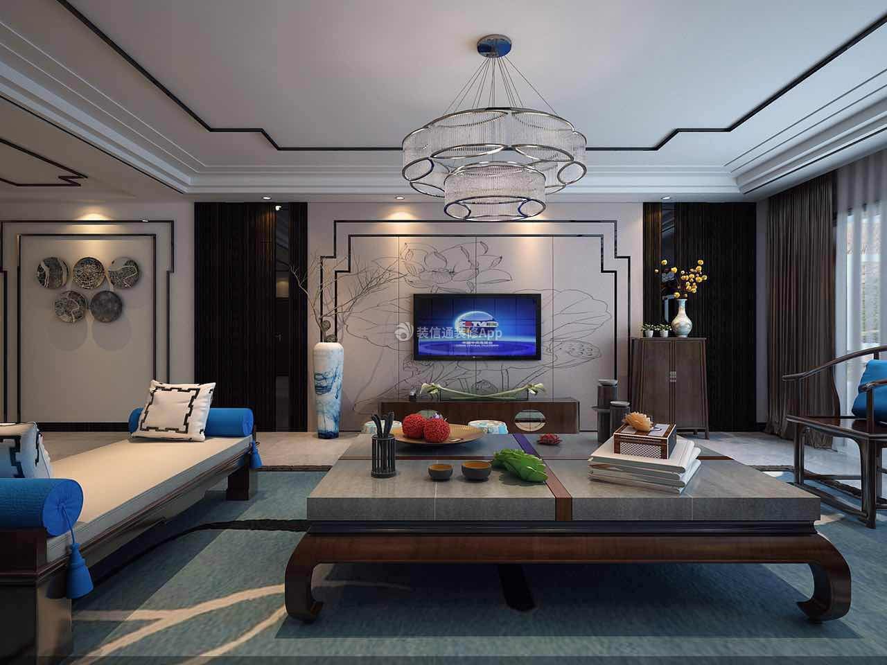 新中式风格299平四居室客厅电视墙装修效果图