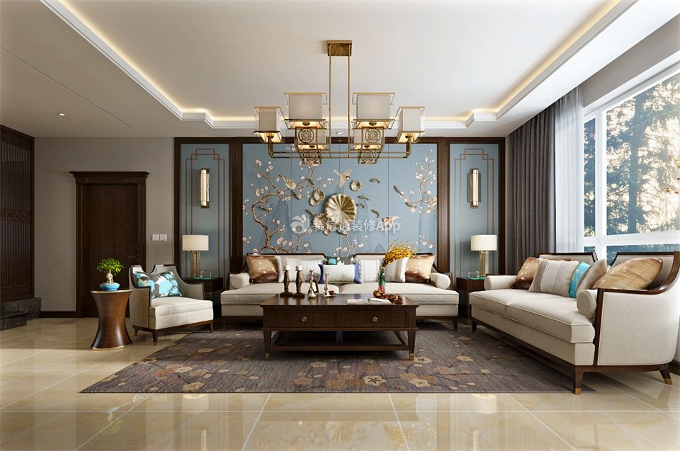 新中式风格140平米三居室沙发背景墙装修设计效果图