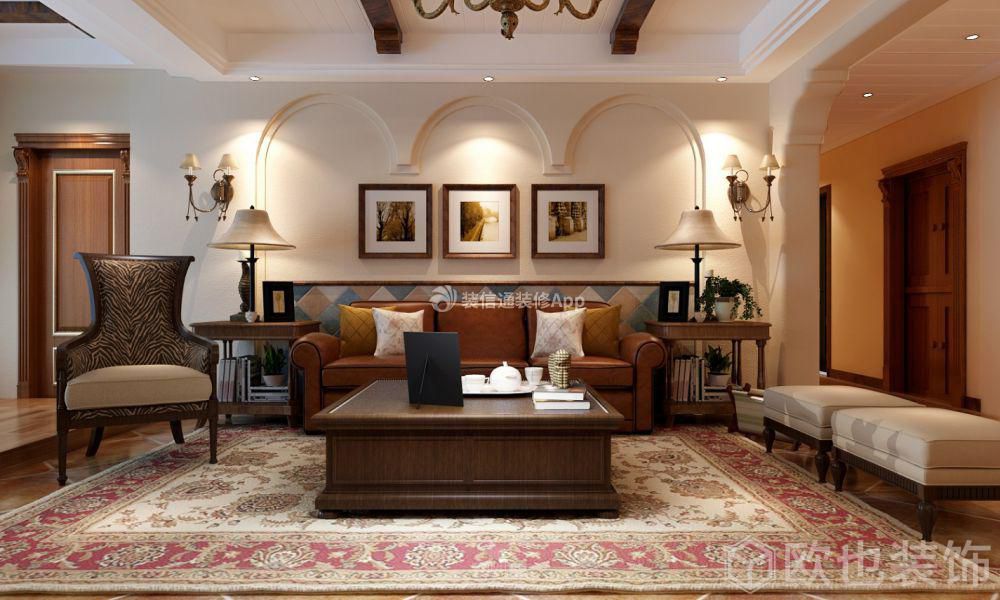 141平美式风格客厅沙发地毯装修图片