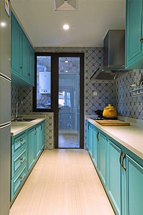 89平二居室混搭风格厨房蓝色橱柜装修图片