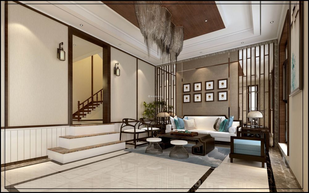 280平米新中式风格别墅客厅装修设计效果图欣赏
