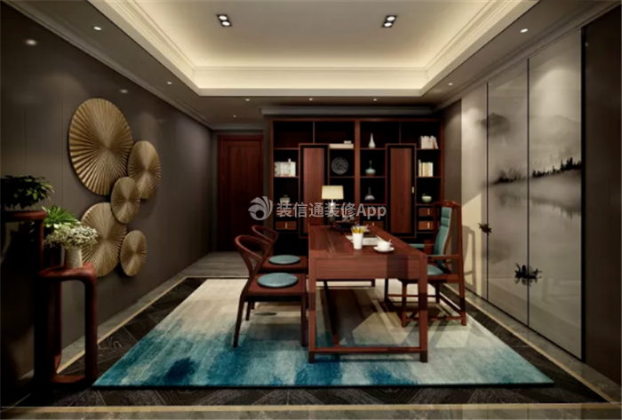 120平米新中式风格三居书房书桌书柜效果图