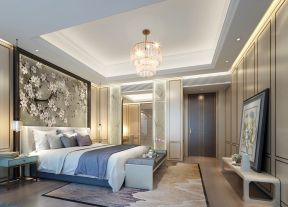 105平米中式风格三居室卧室床头背景装修效果图