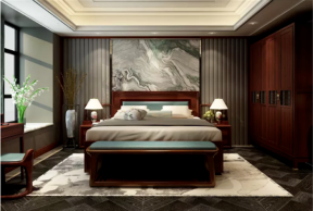 120平米新中式风格三居卧室床头背景墙设计图