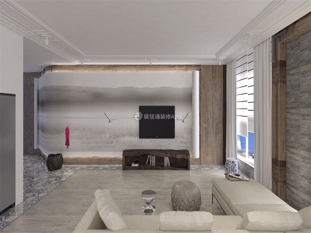 110平三居新中式风格客厅电视墙家装图片