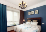 120平三居室美式风格卧室蓝色背景墙设计图