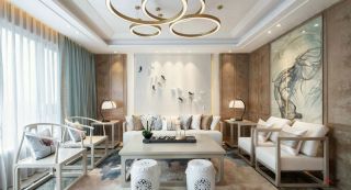 276平新中式风格四居客厅沙发背景墙装饰效果图