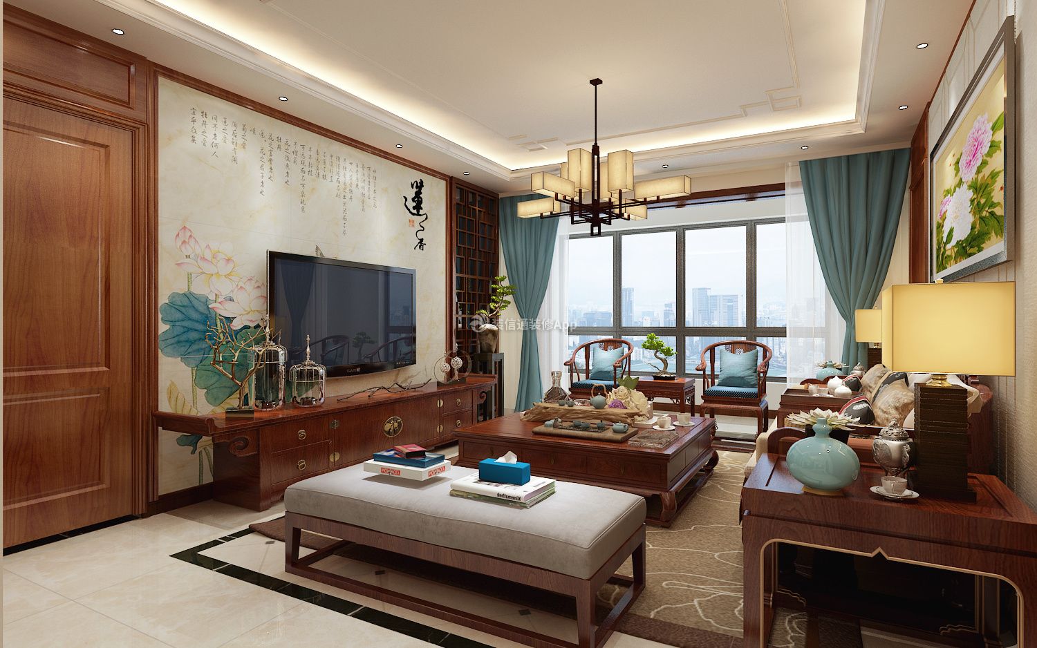 中式风格160平米四居室客厅电视墙装修效果图