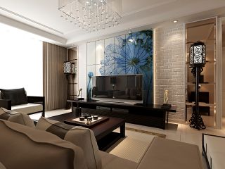 120平米现代中式风格三居室客厅电视墙装修效果图
