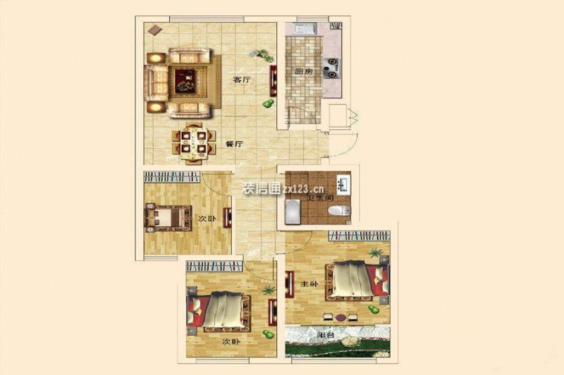 C户型，3室2厅1卫1厨，建筑面积：102.02㎡