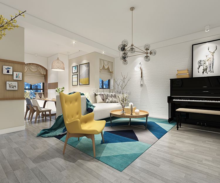 北欧风格客厅沙发 钢琴客厅摆放效果图
