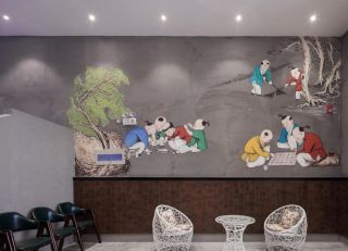 上海火锅店彩绘背景墙设计装修效果图