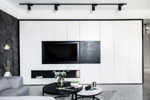温州装修 96㎡黑白色空间，木工定做满墙电视柜真实用，简洁大方时尚！