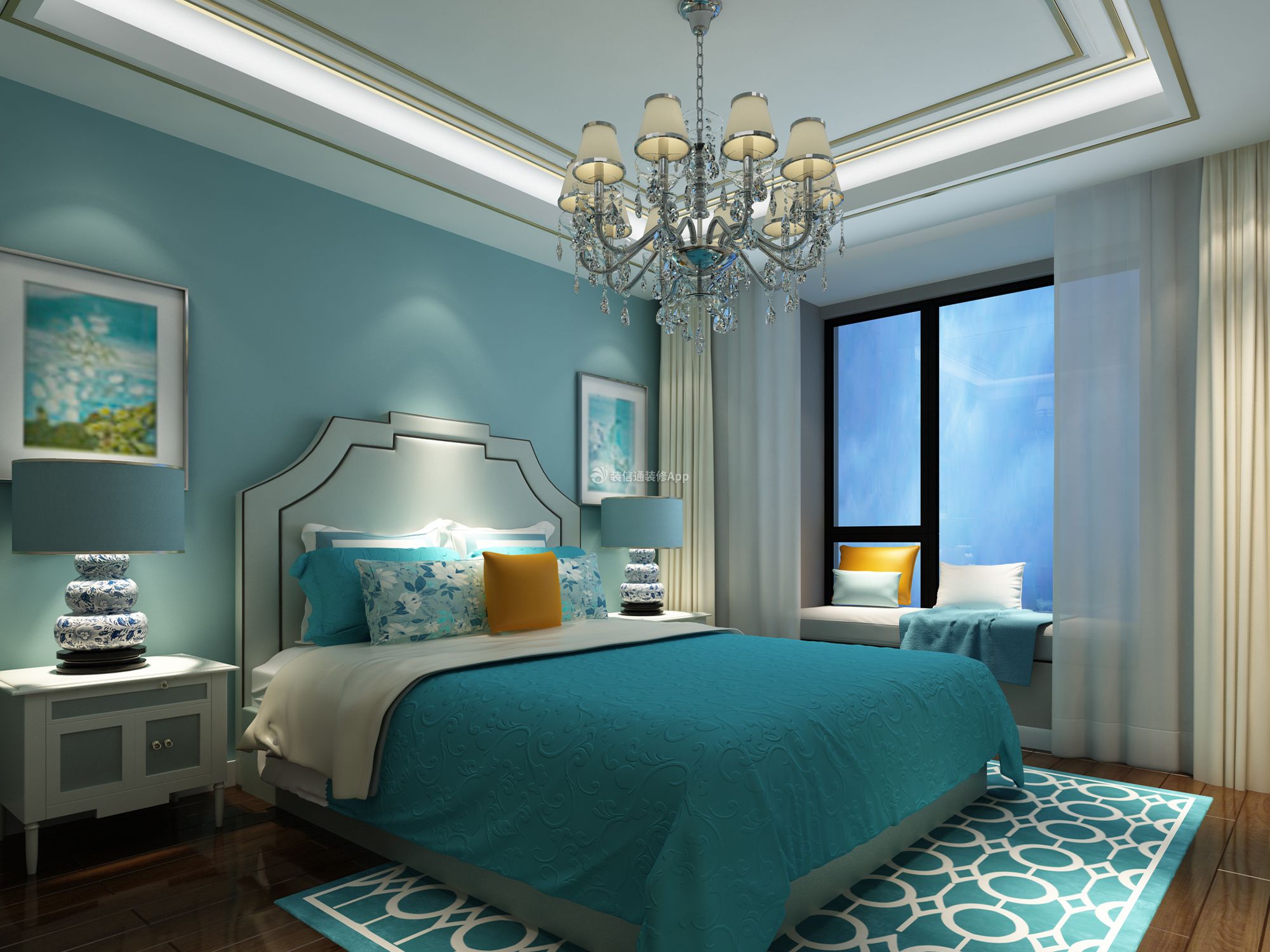 现代风格96平米三居室卧室吊灯装修效果图