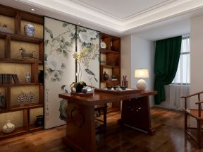 中式风格109平米三居室书房窗帘装修效果图