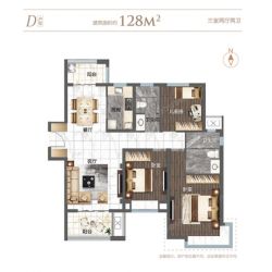 鲁能泰山7号 D户型，3室2厅2卫，128平米（建筑）