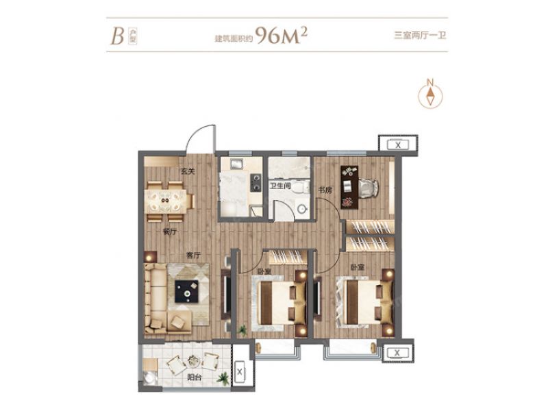 鲁能泰山7号 B户型，3室2厅1卫，96平米（建筑）