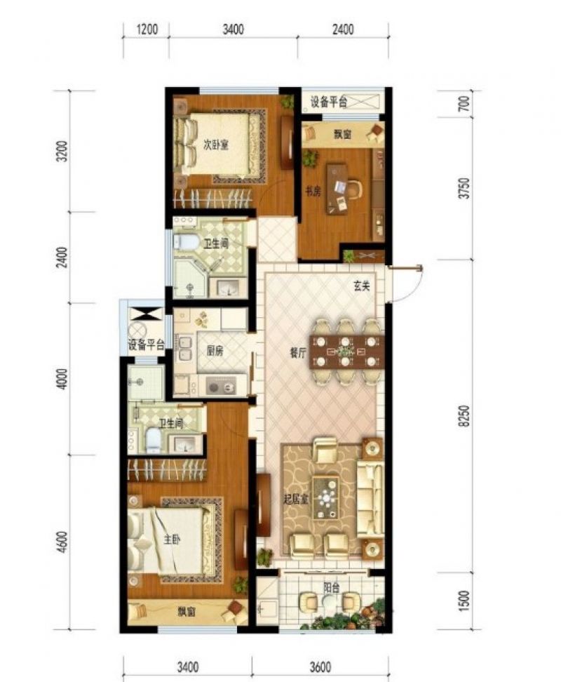 高层B1户型，3室2厅2卫1厨建筑面积：97.00㎡