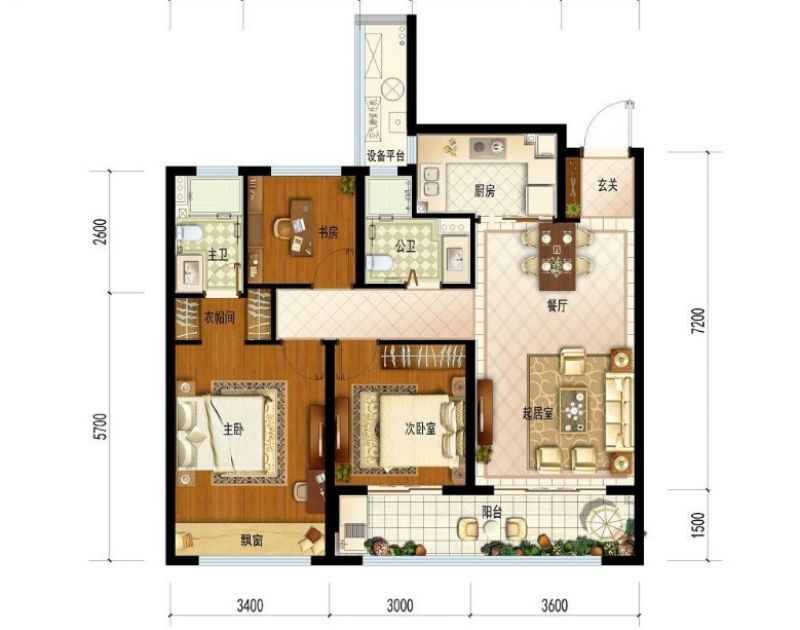 高层A1户型，3室2厅2卫1厨建筑面积：97.00㎡