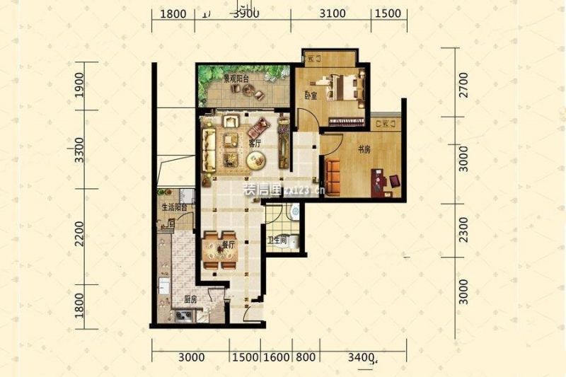 D1户型 2室2厅1卫  建筑面积：82平米