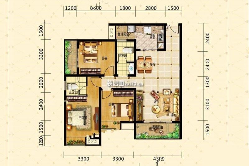 B户型 3室2厅1卫  建筑面积：119平米