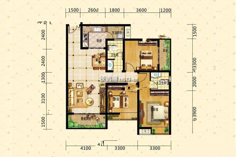 F户型 3室2厅2卫  建筑面积：116平米