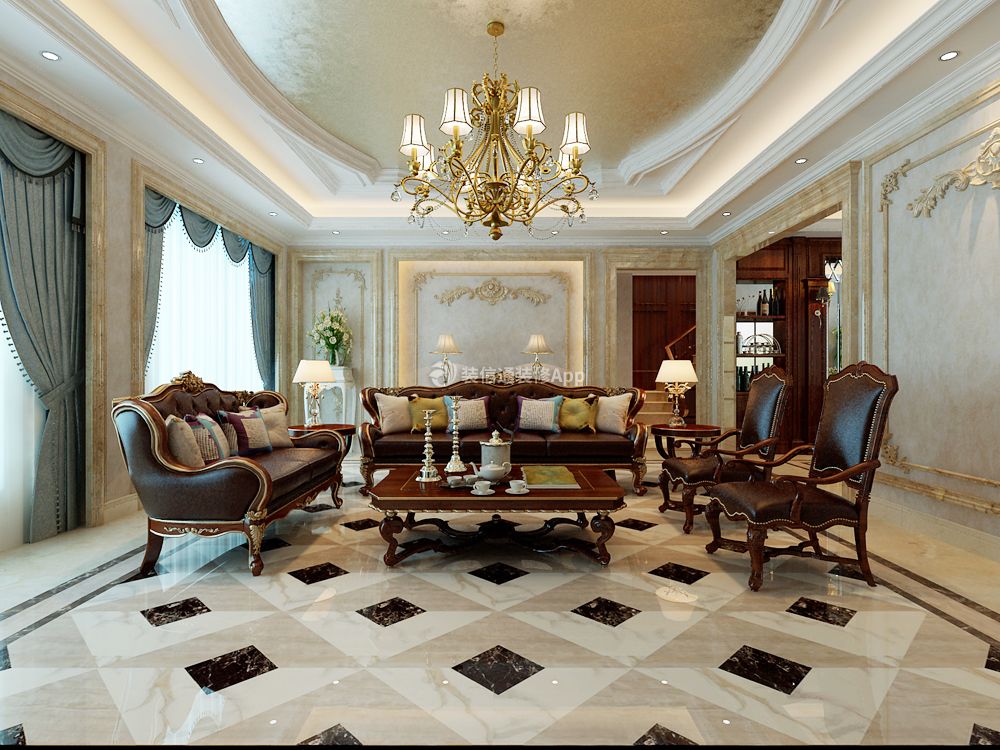 天津融科瀚棠320平欧式别墅客厅地砖装修设计效果图