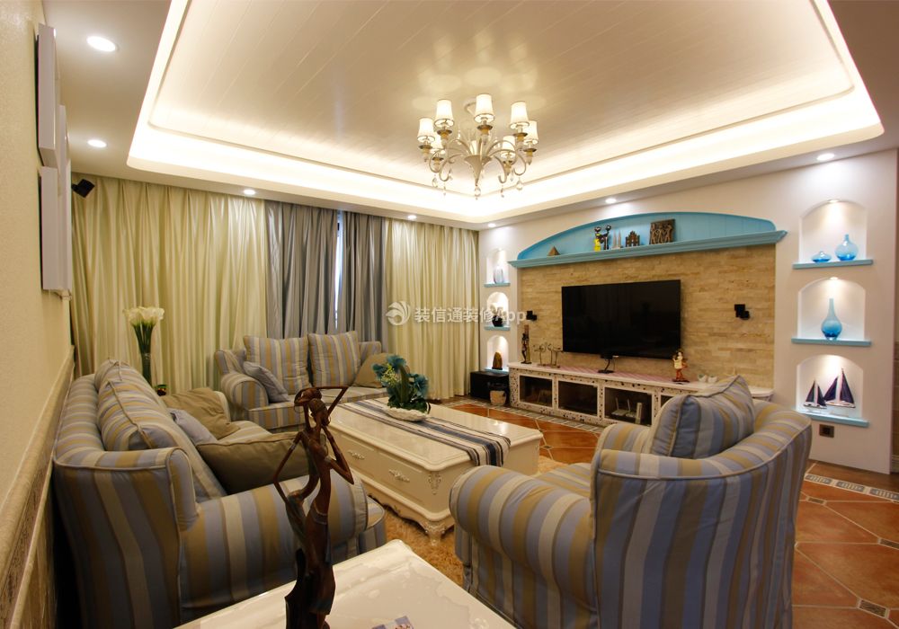 深圳地中海风格样板房客厅电视墙装修图2023