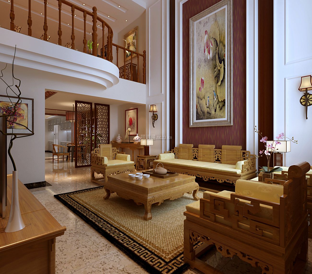 中式别墅客厅吊顶装修效果图 中式别墅客厅设计效果图 