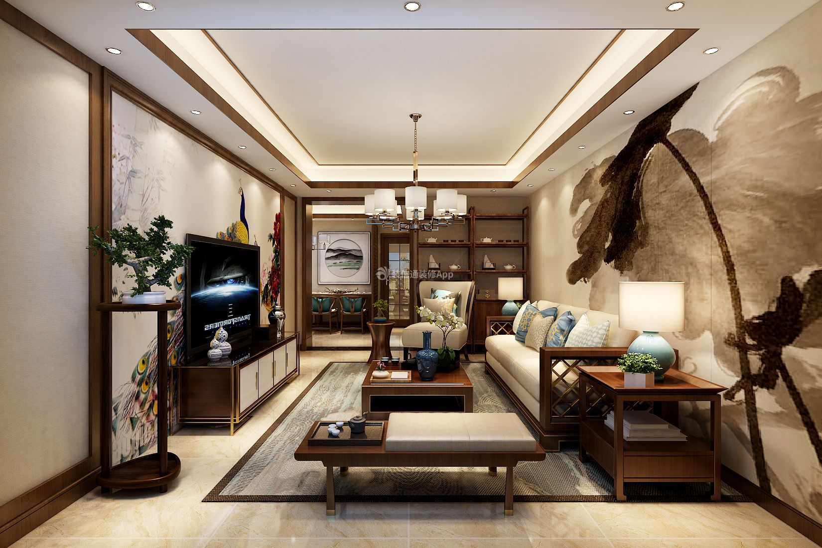 120平米中式风格客厅沙发装修设计效果图
