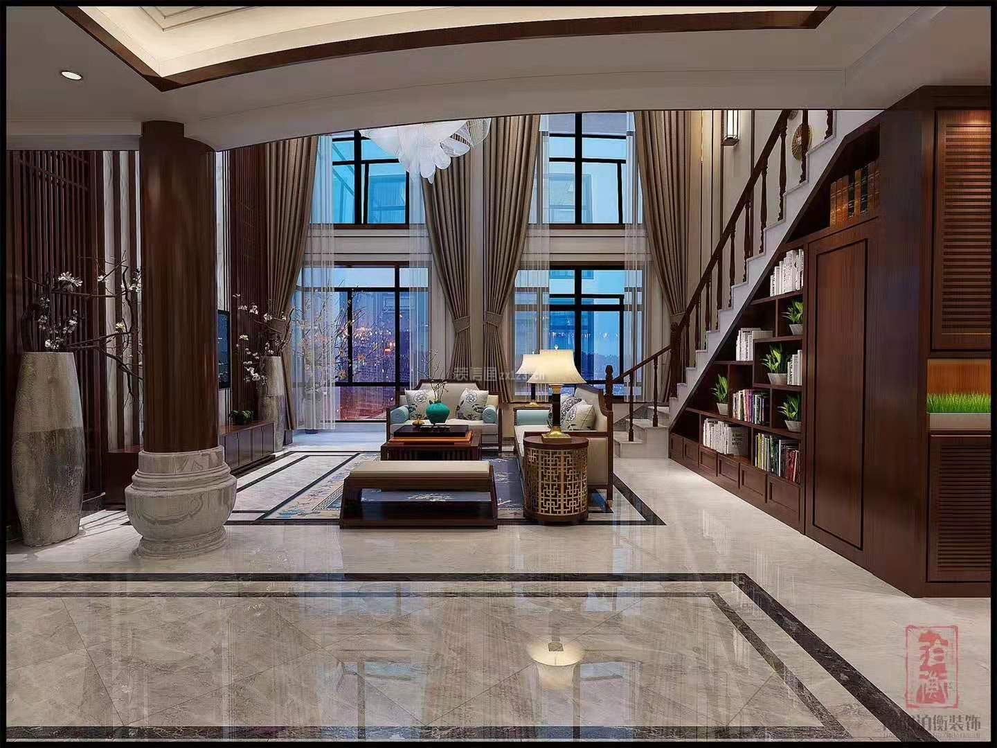 南阳大溪地新中式风格280平米装修效果图案例_南阳泊衡装饰装修设计