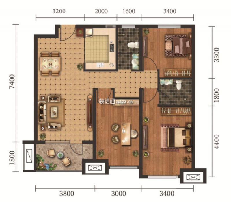 B户型 3室2厅2卫  建筑面积：约117平米