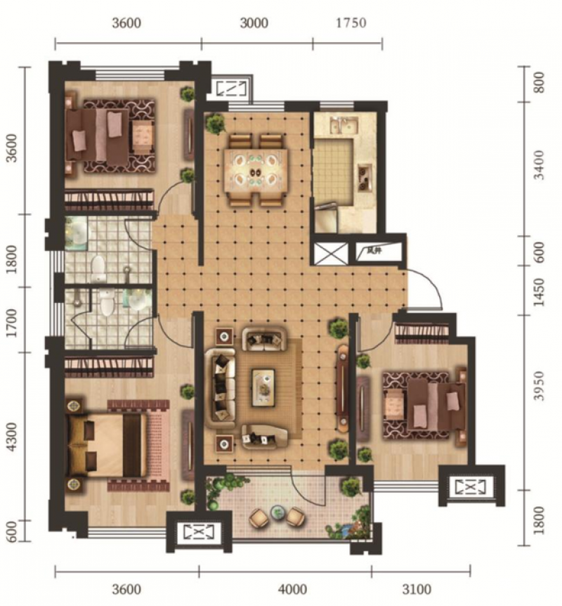 A区2#5#标准层E户型 3室2厅2卫  建筑面积：约128平米