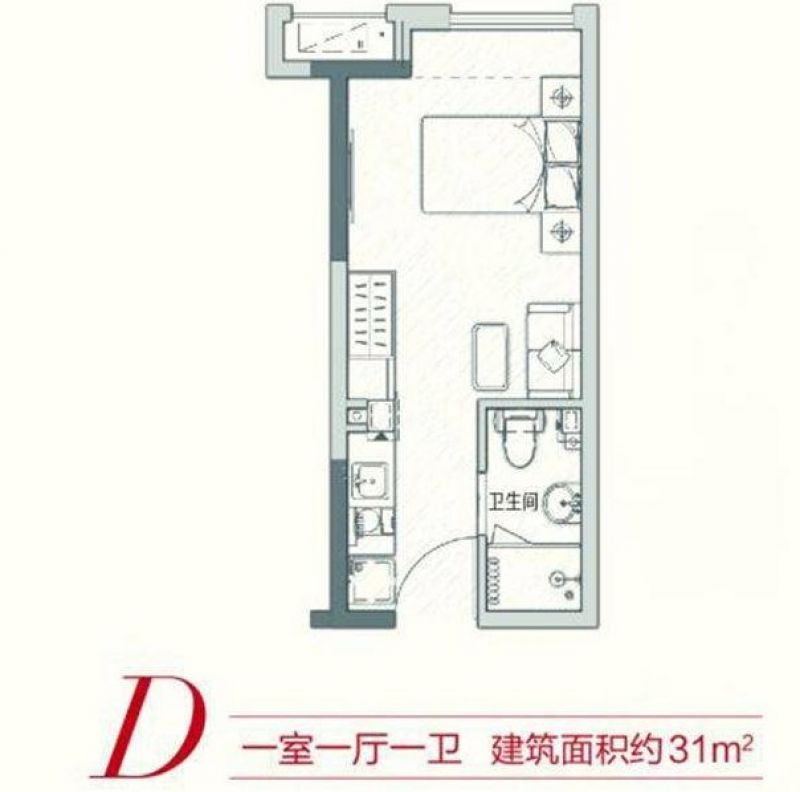 D#公寓D户型 1室1厅1卫  建筑面积：约31平米