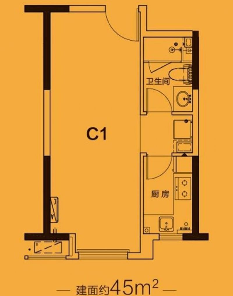 公寓C#C1户型 1室1厅1卫  建筑面积：约45平米